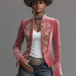 Western-style Stand-up Collar Single-breasted Floral Embroidered Velvet Jacket