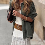 Khaki Green Denim Overshirt with Pink Crochet Mandala