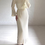 Pleated Bell Sleeve Back Tie Up Maxi Dress
