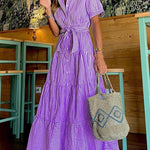 Loose Short Sleeves Striped Lapel Maxi Dresses