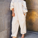 Nadorine Women's Casual Solid Cold Shoulder Long Sleeve Jumpsuit Loong Plus Size Pocket Rompers Overlay Suit