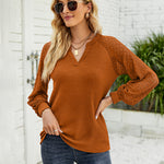 Nadorine V Neck Tops Solid Color Blouse Long Sleeve Pullover Lace Patchwork Shirt