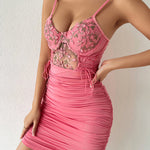 Lace Patchwork Tie-up Backless Pleated Mini Dress