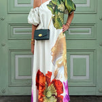 A-Line Loose Elasticity Flower Print One-Shoulder Maxi Dresses