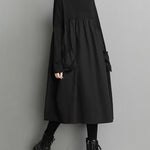 Simple Loose Black Split-Joint Long Sleeves Midi Dress