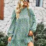 Long Sleeve Dress Boho Floral Ruffle High Neck Mini Dress Casual Loose Pleated Flowy Dresses
