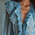 Retro Sky Blue  Lace Trim Pleated Chiffon Ruffle Blouse