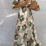 Retro V-neck Printed Short-sleeved Waist-length Maxi Dress