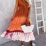 Tie Dye Sleeveless Long Dress Flowy Boho Maxi Sundress Spaghetti V Neck Dress with Belt