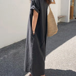 Oversized Button Down Maxi Shirt Dress Short Sleeve Side Split Casual Loose Solid Tunic Dress