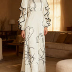 Loose Contrast Color Falbala Flower Print Hollow Zipper Maxi Dresses