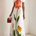 Short Sleeves Flower Print Boat Neck Maxi Dresses