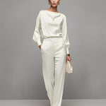 Women's Ivory Satin Set With Boat Neck Top & Puff Sleeves, Timeless Luxe-Elegant Style Set