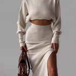 Elegant Two-piece Set Turtleneck Sweater with Split Hem Long Skirts Outfits