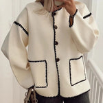 Nadorine Buttoned Crew Neck Loose Color Block Knitted Jacket