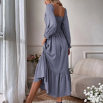 Solid Color Long Sleeve Dress Square Neck Lotus Leaf Maxi Dress