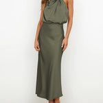 Long Formal Satin Dress Mock Neck High Neck Evening Dress