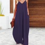 Summer Solid Color V Neck Suspenders Wrapped Wide Leg Long Rompers Pant Jumpsuits