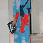 Loose Wrap Buttoned Contrast Color Pockets Printed Split-Side Shirt Dress