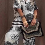 Casual V-neck printed short-sleeved top and wide-leg pants set