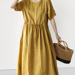 Retro Stitching Dress High Waist Lace Up Swing Skirt Knee Long Dresses