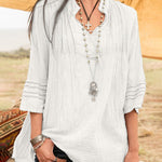 Nadorine Solid V-Neck Tees Lace Splicing Fold Blouse Flowy Casual Loose Fit Shirt