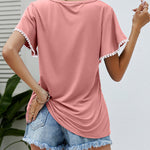 Pom-Pom Trim Flutter Sleeve Round Neck Tee Casual Blouses Tops