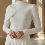 Irregularity Long Sleeves Asymmetric Pleated Solid Color High Neck Sweatshirt Tops