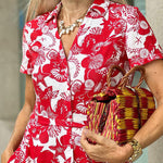 Red marine life print V-neck short-sleeved waist dress