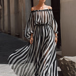 Elegant Off-the-Shoulder Vertical Stripe Chiffon Maxi Dress