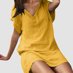 Loose Leisure V-Collar Short Sleeve Summer Cotton Linen Dresses