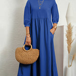 Lantern Sleeve Long Dress Solid Color Loose Crew Neck Mid Waist Dresses with Pockets