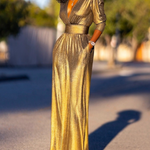 Half Sleeves Puff Sleeves Shiny Solid Color Deep V-Neck Maxi Dresses