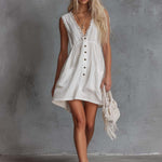 Elegant Vintage Western Lace V-neck Front-button White Cotton Mini Dress