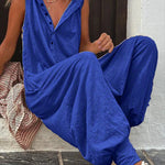 Hooded Loose Buttoned Solid Color V-neck Jumpsuits