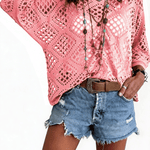 Bohemian V-neck Diamond-patterned Openwork Batwing Sleeve Knit Top