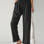 High Waist Trousers Solid Color Palazzo Pant Beach Casual Boho Drawstring Bottoms