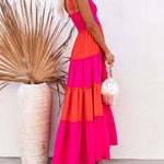Sleeveless Elegance Suspender Dress with Splicing Wooden Ears Colorblock Maxi Dress