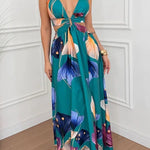 Seinah Floral Print Cutout Waist Open Back Lace-up Slit Maxi Dress