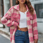 Plaid Fuzzy Longline Jacket with Pockets