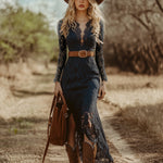 Vintage Bohemian Blue Lace Long Sleeve Midi Dress