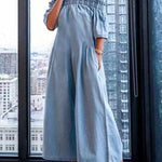 Loose Short Sleeves Pleated Solid Color Split-Joint Stretch; Elastic Off-The-Shoulder Jumpsuits