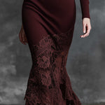 Simple And Elegant High-neck Lace Hem Burgundy Knitted Maxi Dress