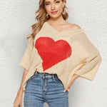 V Neck Crochet Sweater Off Shoulder 3/4 Sleeves Loose Knit Cute Heart Pullover Top