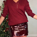 Burgundy V-neck loose-fitting knitted top