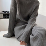 Urban Loose Solid Round-Neck Split-Side Sweater& Wide Leg Pants Suits