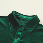Green Long Sleeve Ruffle Velvet Button Up Shirt Dress