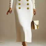 Long Sleeves Puff Sleeves Buttoned Solid Color Deep V-Neck Midi Dresses