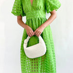 Remarkable Beauty Square Patterned Fabric Puff Sleeve Party Midi Dress
