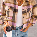 Lapel Pocket Fashion Casual Cropped Ladies Plaid Jacket
